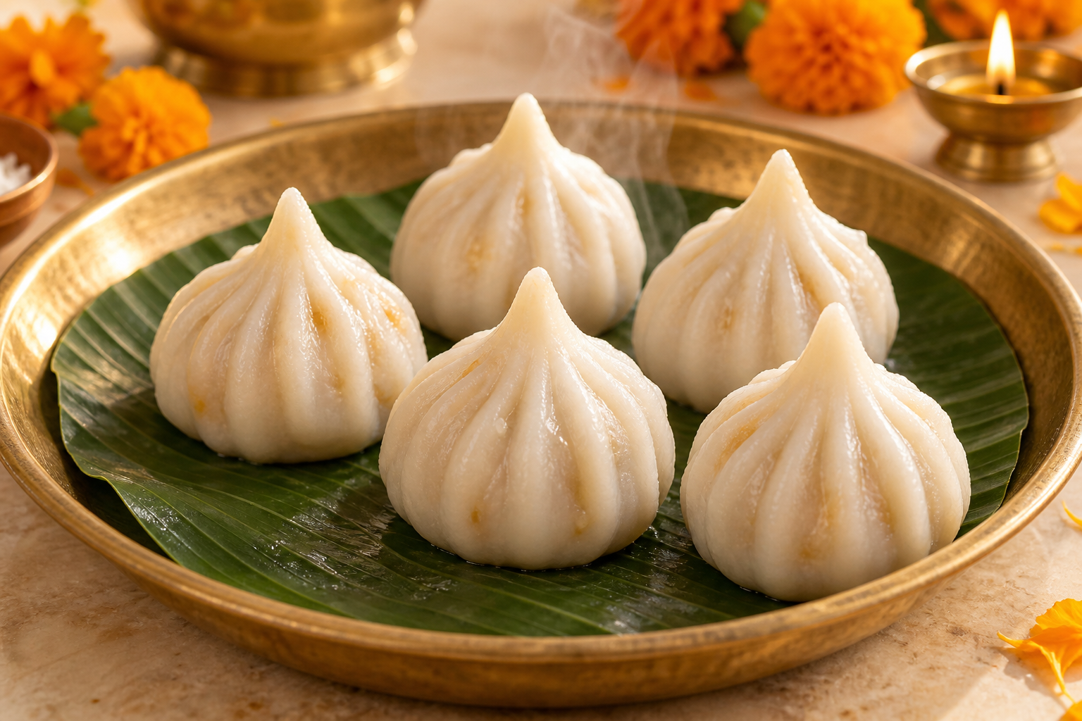 Freshly steamed white Ukadiche Modaks on a banana leaf with warm festive accents